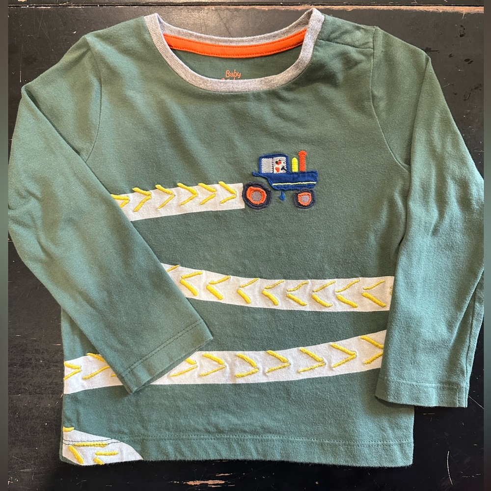 Mini Boden Green Long Sleeve Tee with Yellow & Blue Tractor Appliqué
